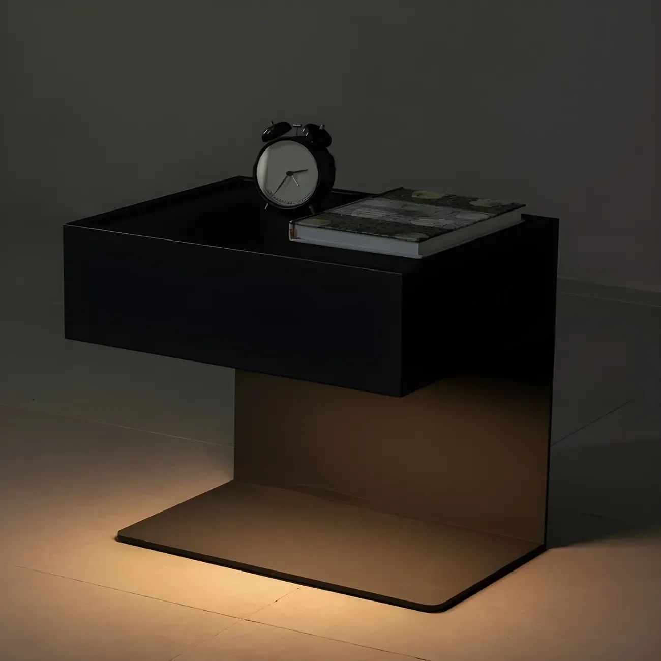 Black Steel Wood C-Shaped Drawer Nightstand with Light