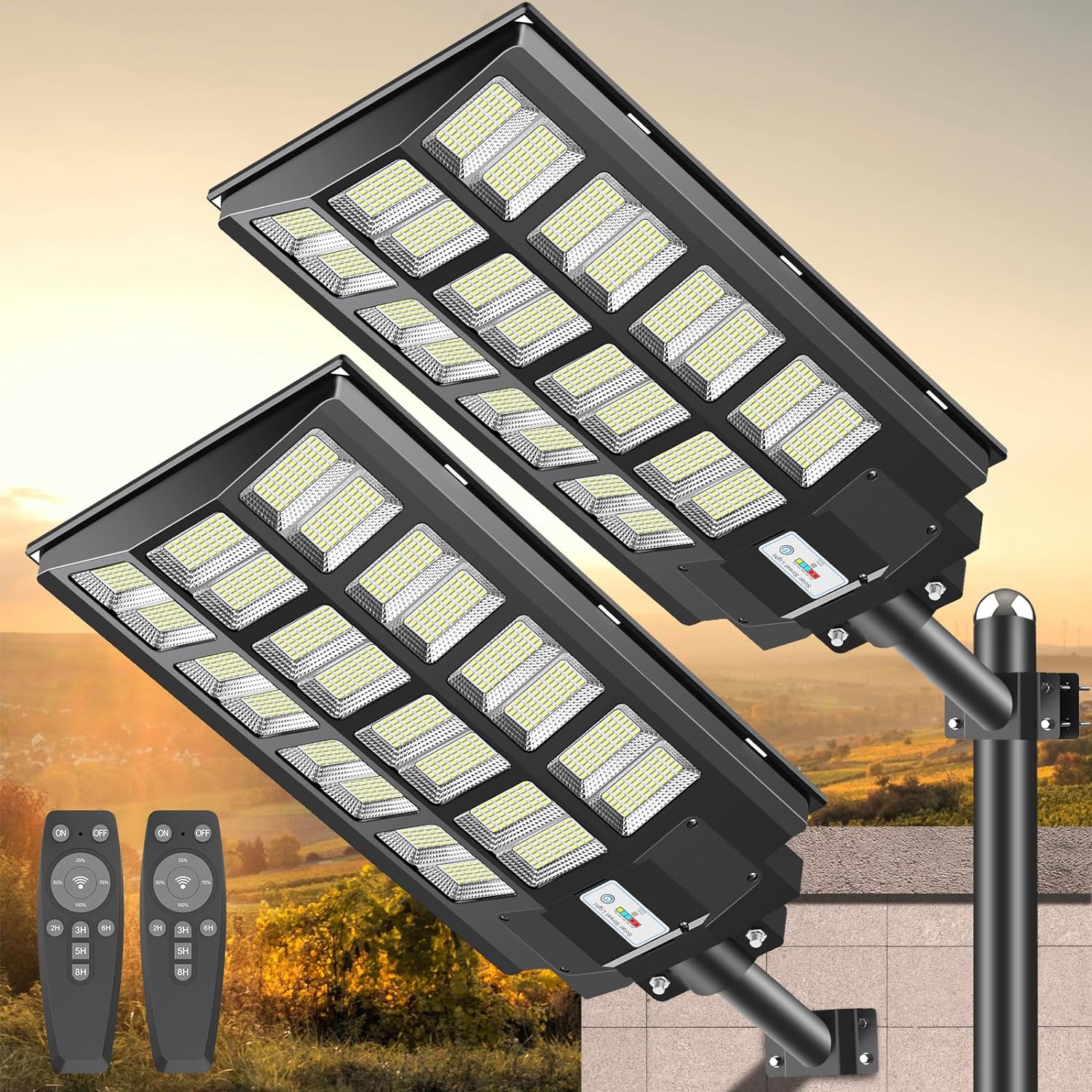 Solar Street Lights Outdoor - 1800W Parking Lot Lights, 150000 Lumens Dusk to Dawn Motion Sensor IP66 Waterproof Commercial Grade, 2 Pack, Black, BC1802