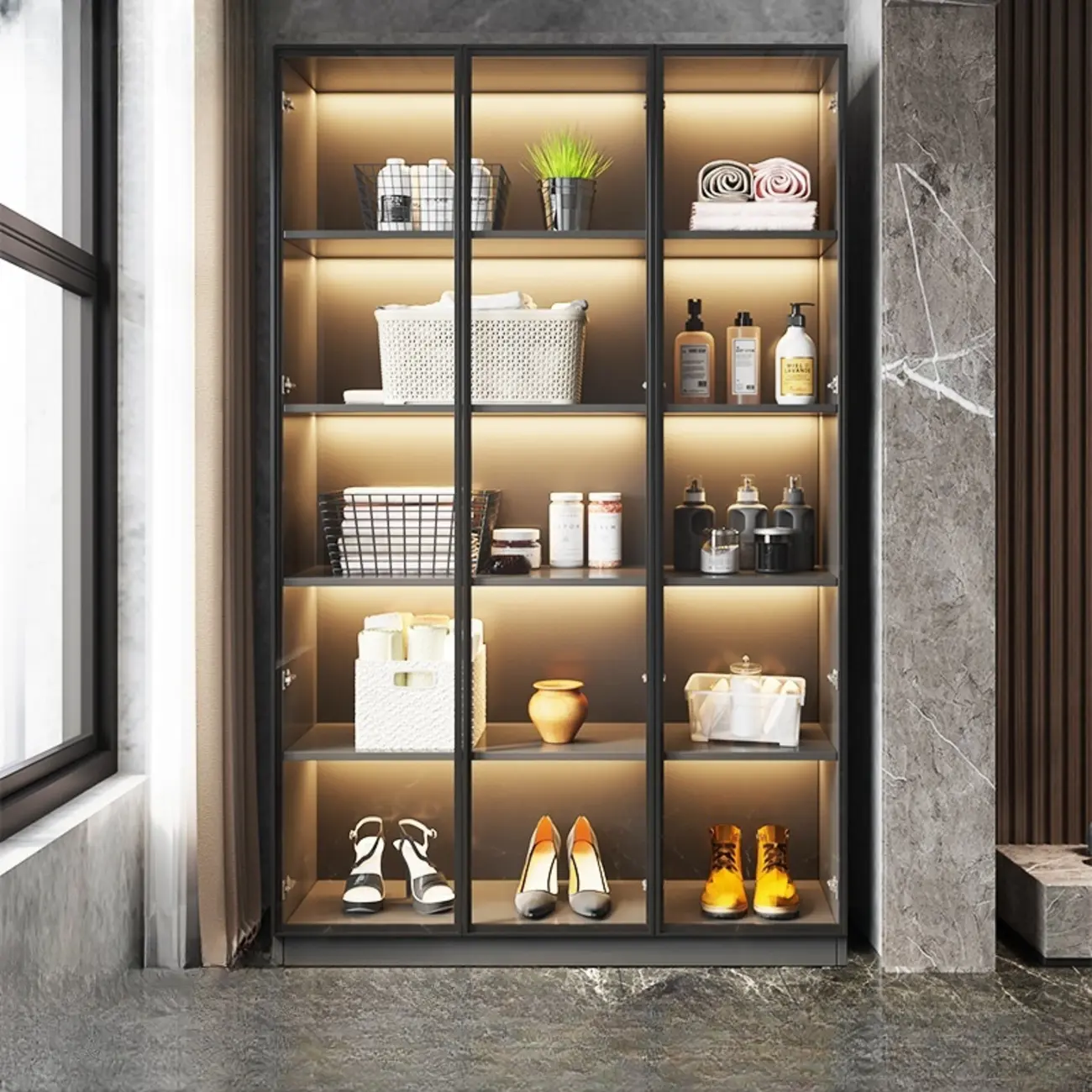 Freestanding Grey Wood Glass Display Cabinet with Light