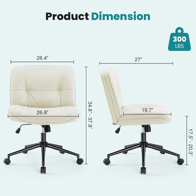 Criss Cross Chair with Wheels, Legged Home Office PU Leather Wide Armless Desk Seat, Rolling Ergonomic Comfy Vanity Seating