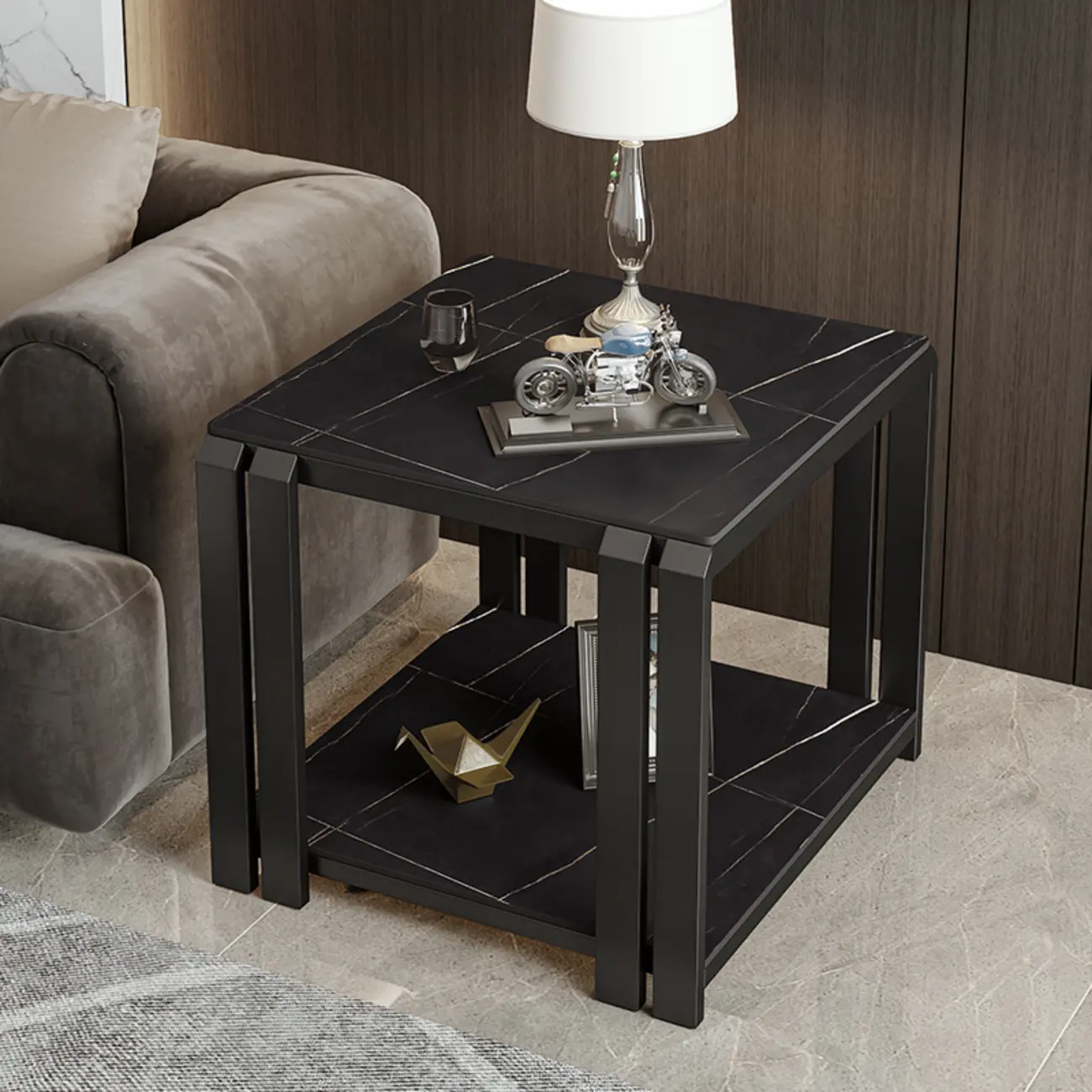 Gold-Black 2-Tier Stone Top Square Metal Frame Side Table