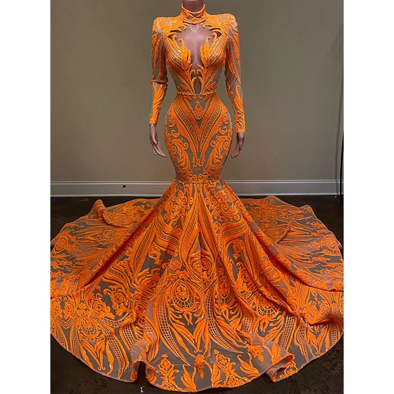 Hulianfu Orange Mermaid Evening Gowns  Party Dress For Womens Blingbling Applique Long Sleeves Occasion Gown Robe De Soir¨¦e - Deanwangkt