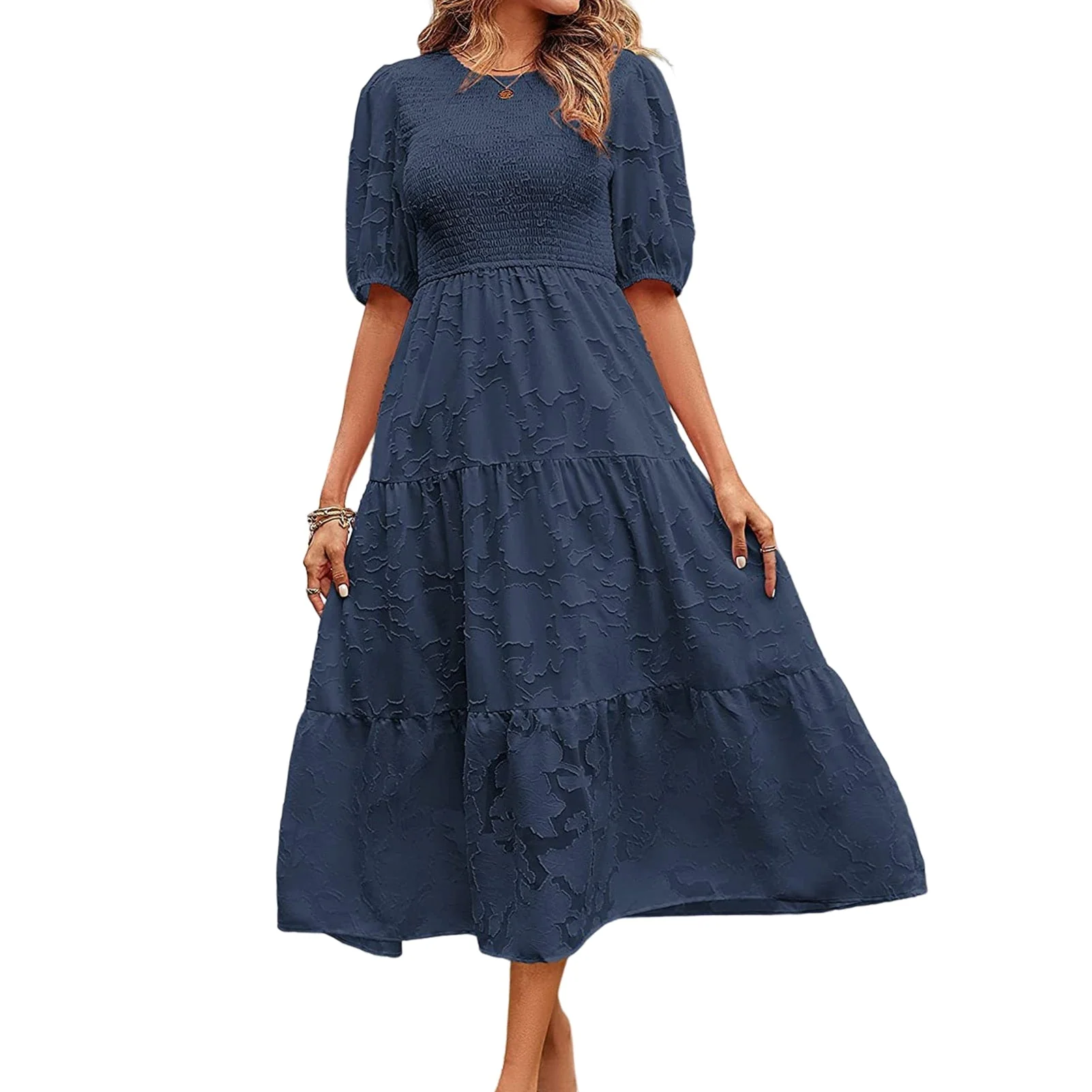 New Summer Women Fashion Puff Sleeve O-Neck Long Dress Casual Solid Printed Button Dress Female Slim Big Hem Office Dresses - Deanwangkt