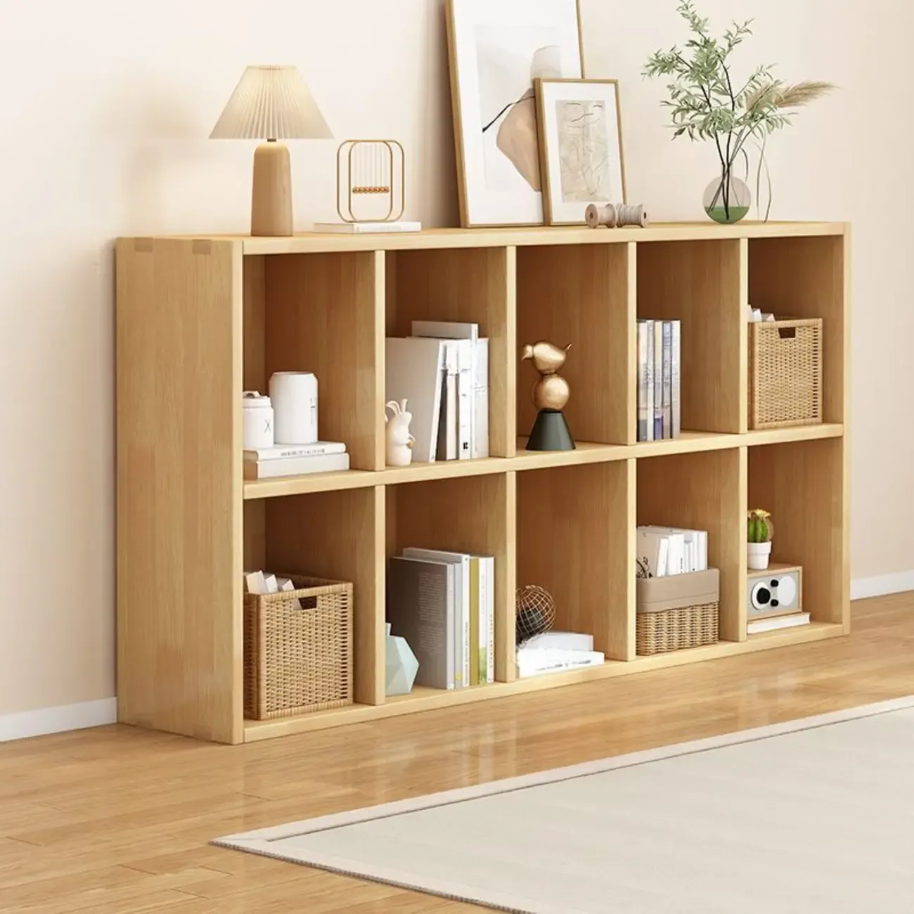 Modern Oak Bookcase Spacious Shelves Multi-Cabinets