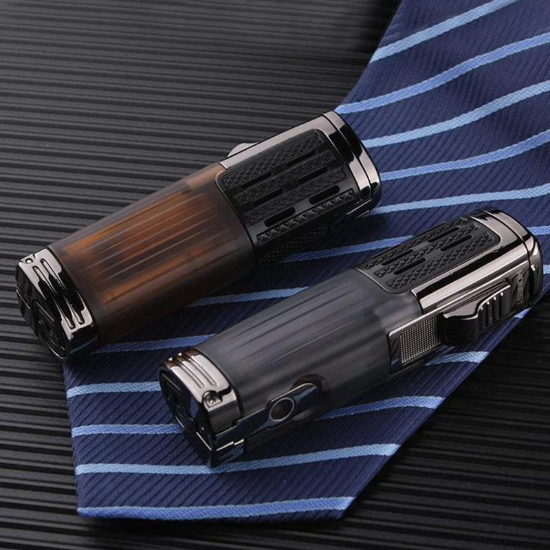 HULIANFU Metal Windproof Spray Gun Gas Lighter Smoking Four FlamesTorch 1300 C Multifunction Cigar Butane Lighters With Cigar Cutter - Deanwangkt