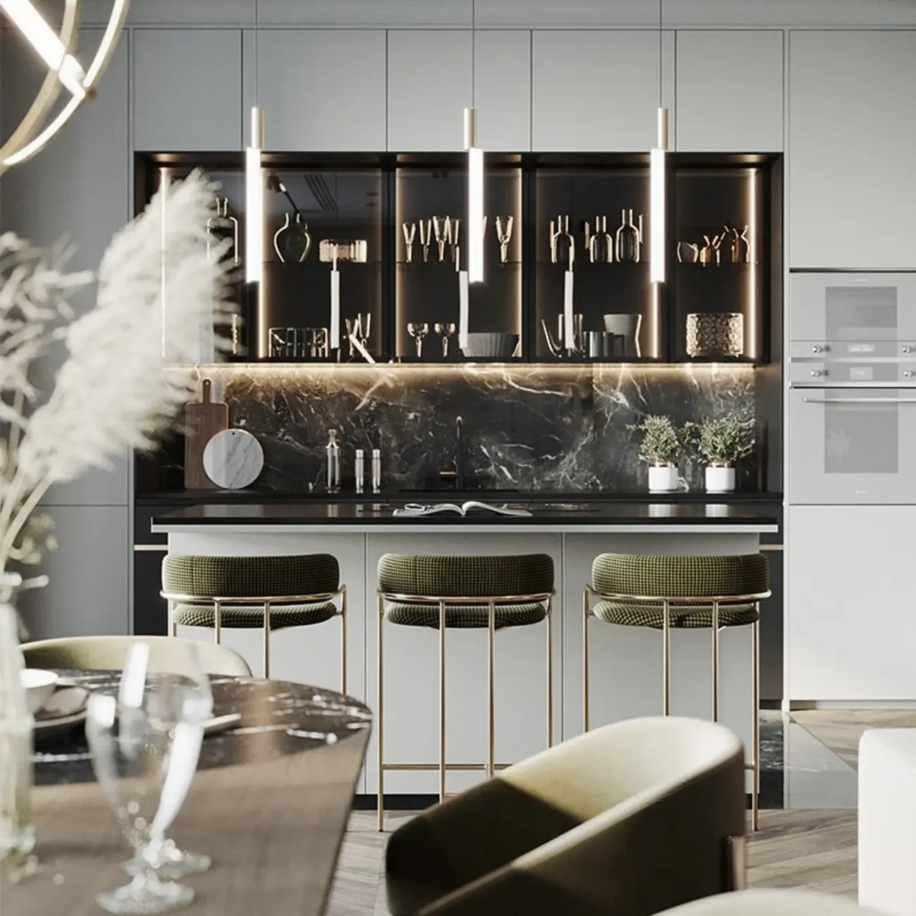 Art Deco Gold Green Cotton Upholstered Bar Stool