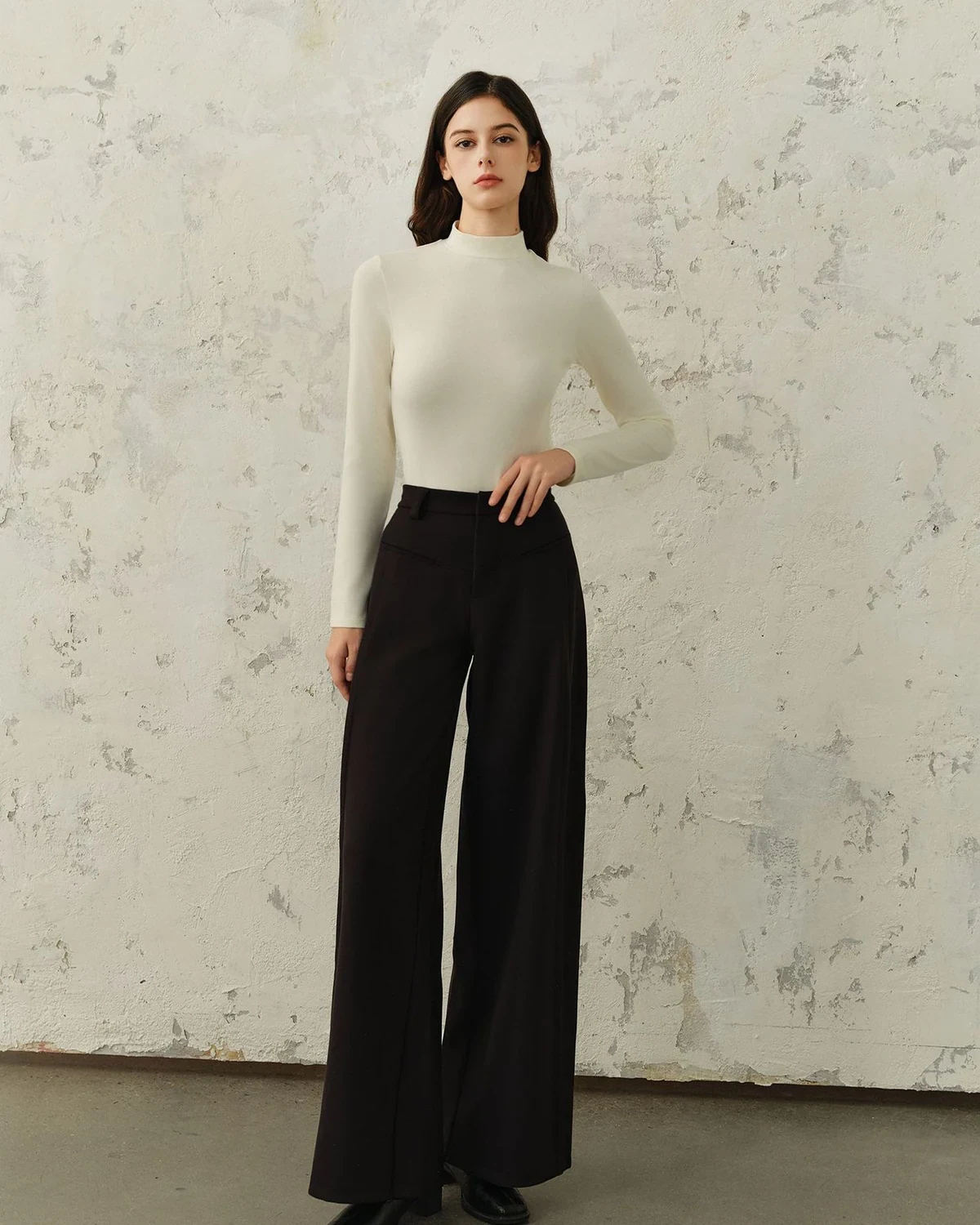 Autumn and Winter Wool-Cotton Blend Soft Stretch Long-Sleeve Top, Cloud-Feel Mock Neck, Slimming Thermal Base Layer for Women