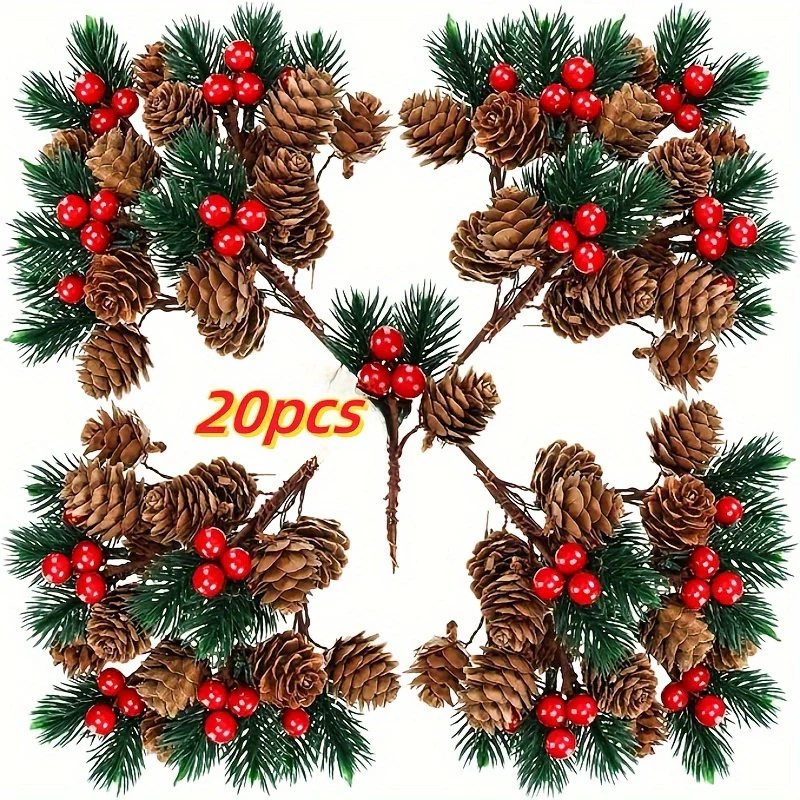 20pcs Christmas Berry Pine Cone Artificial Flowers Winter Christmas Decorations with Red Berries Pine Needles for Craft Table, Fireplace, Bar, Party, Holiday Decorations, and Essential Thanksgiving Christmas Decorations - Deanwangkt