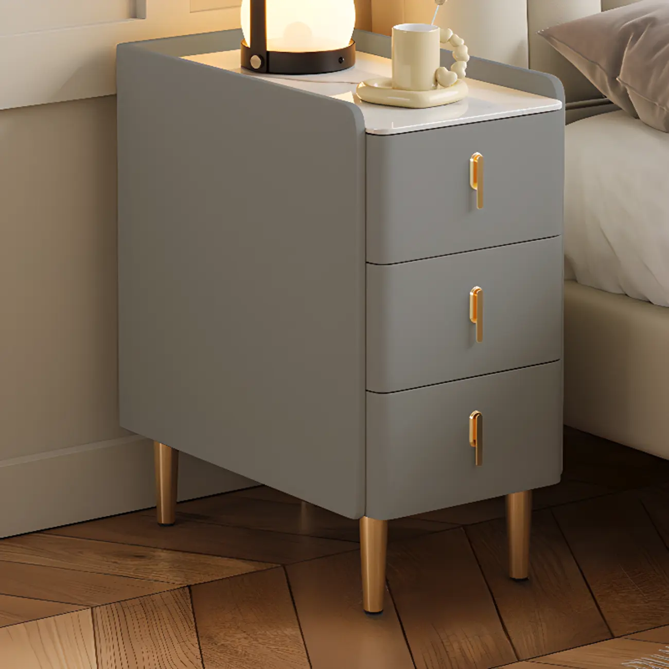 Glam Marble Top Wooden Cream 3 Drawers Nightstand