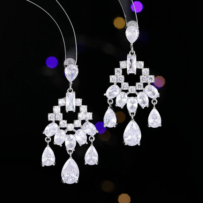 2025 Heavy Industry Exaggerated Atmospheric Earrings Wholesale Long Luxury Bright Water Drop Zircon Inlaid Dinner Dress with Earrings - Deanwangkt