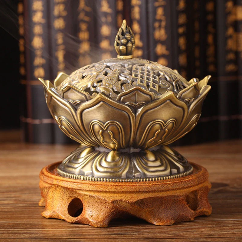 HULIANFU Lotus Flower Incense Burner Buddhism Buddha Holder Brass Mini Censer Incense Metal Craft Home Decoration - Deanwangkt
