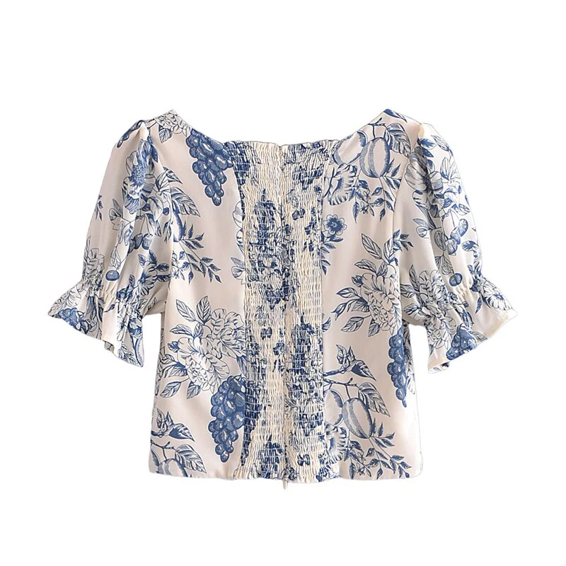 Hulianfu French Vintage Square Collar Puff Sleeve Folds Lace-Up Shirt Zipper Female Floral Print Summer New Fashion Crop Tops Women - Deanwangkt