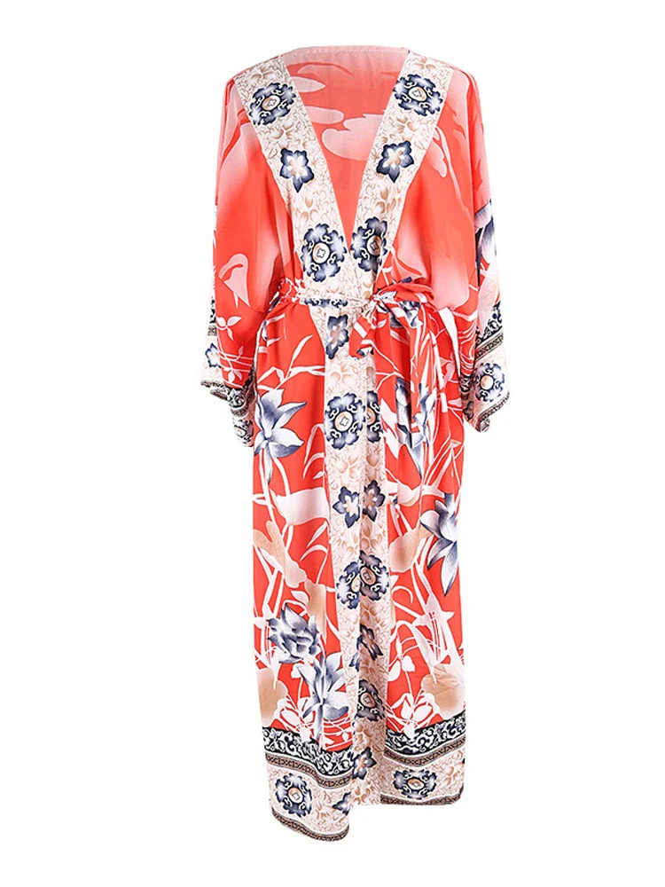 Oversize Beach Cover Up Kimono Vintage Print Floral Holiday Bikini Outing Boho Loose Long Cardigan Orange Covers New - Deanwangkt