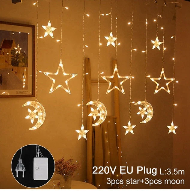 HULIANFU Star Moon Led Curtain Garland String Light Eid Mubarak Ramadan Decoration Islam Muslim Party Decor Eid Al Adha Gift Eid Mubarak - Deanwangkt
