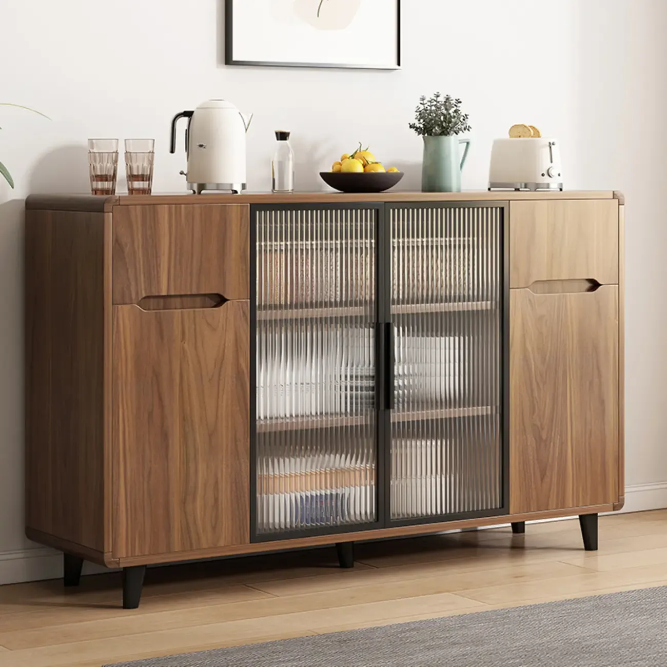 Casual Brown Wood Sideboard with Glass Doors