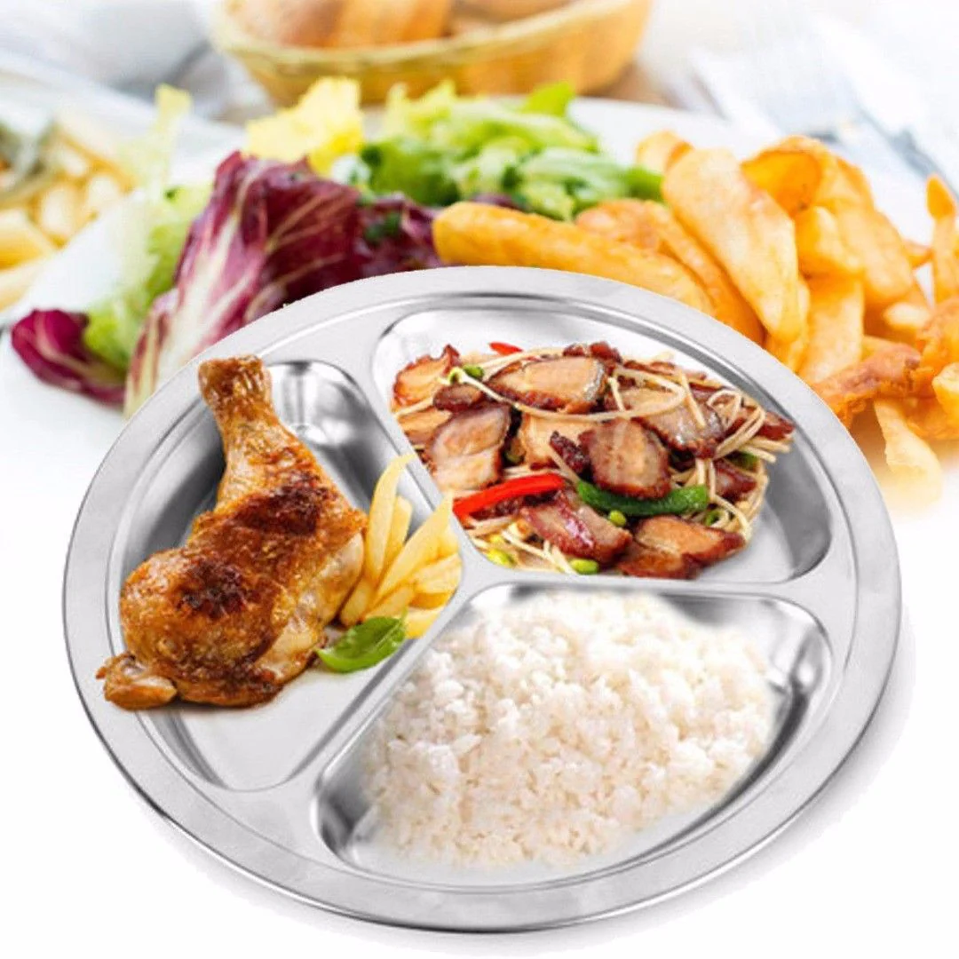 HULIANFU Stainless Steel Dinner Plate 3 Sections Round Divided Dish Children Fruit Snack Tray Baby Bowls Kitchen Tableware Dia 22/24/26cm - Deanwangkt