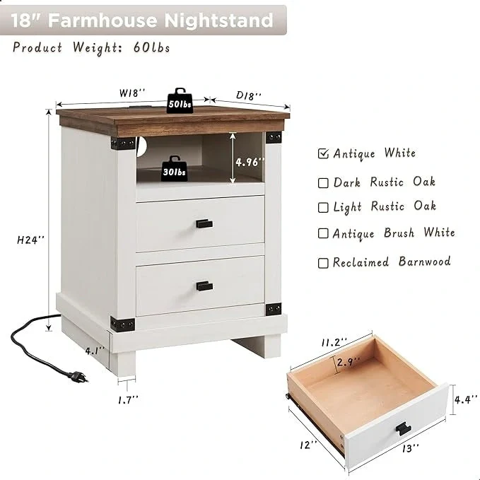 18 Farmhouse Nightstand with Charging Station, Night Stand, End Table