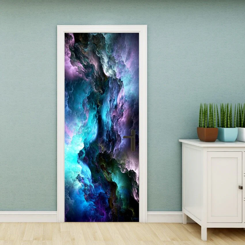 HULIANFU PVC Material Self-adhesive Door Stickers Art Colorful Light Tie-dye Blooming Abstract Home Decor Poster Door Decoration Stickers - Deanwangkt