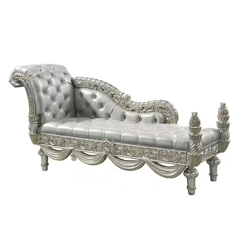 Dove Chaise Bench, Beige Faux Leather, Champagne Finished Wood 82 Inch