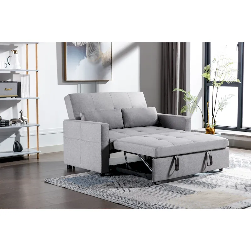 Light Grey Linen Loveseat Convertible Sofa Bed with Side Pocket