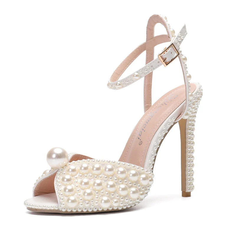 Women Sandals Fashion High Quality Wedding Shoes Women New Pearls Studs Luxury Peep Toe High Heels Buckle Woman Sandal 43 - Deanwangkt