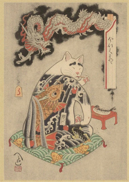 HULIANFU Japanese samurai cat tattoo cat vintage poster wall art sticker painting living room decoration bedroom print picture - Deanwangkt