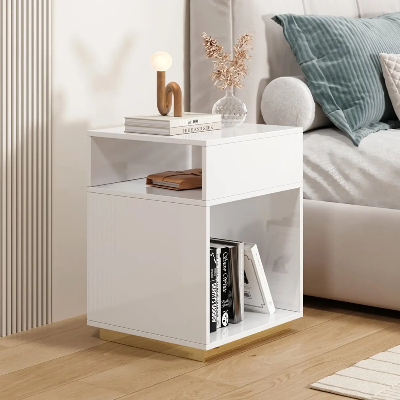 Compact White Wooden Cube Side Table with Open Shelf