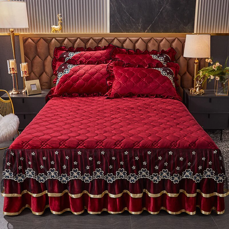 HULIANFU Luxury Super Soft Crystal Velvet Fleece Lace Ruffles Quilted Bed Skirt Mattress Cover Bedspread Pillowcase Bedding Home Textiles - Deanwangkt