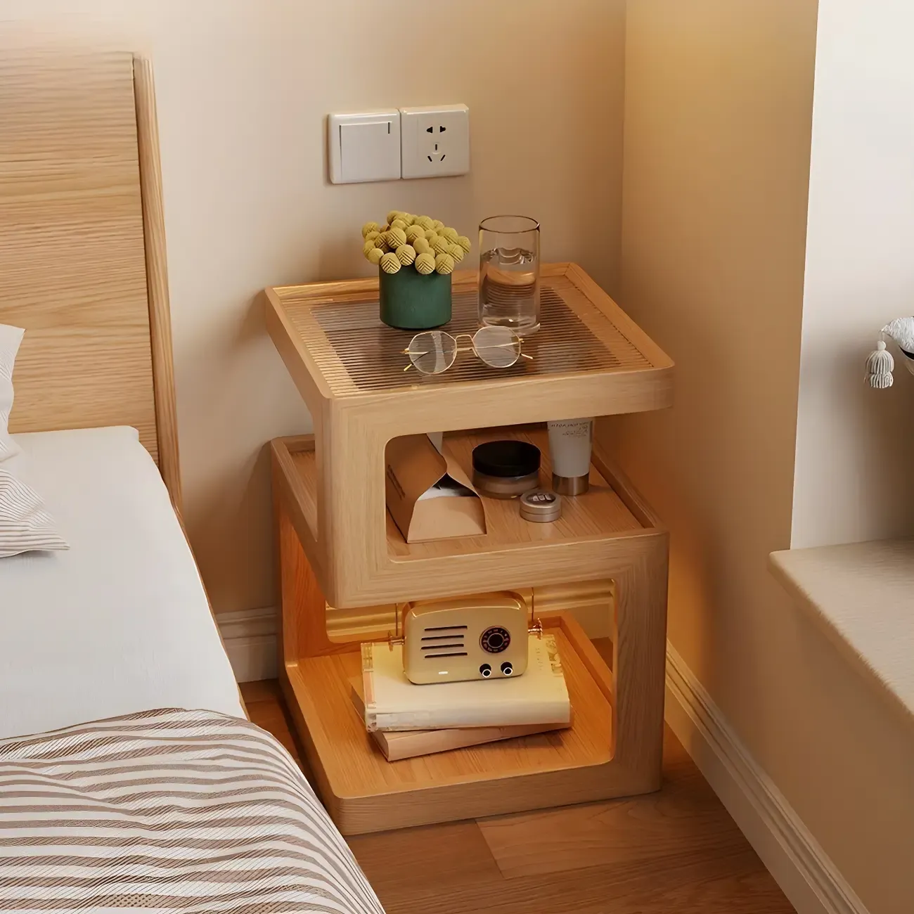 Narrow Wood and Glass Nut-Brown Shelves Nightstand with Light