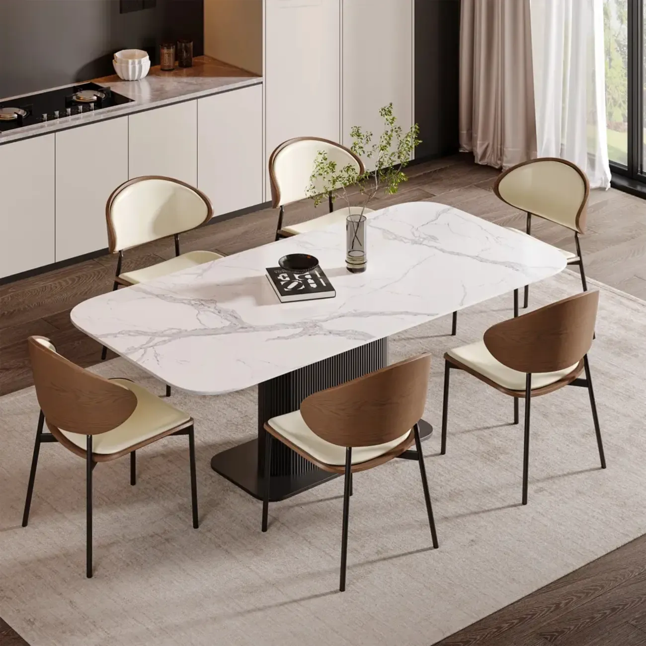 Black Leather Seat Curved Back Dining Chair