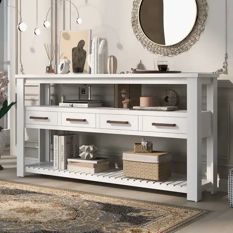 Long Entryway Console Sofa Table with Drawers, Farmhouse Wood Sofa Tables Console Table with 4 Drawers and 2 Shelves
