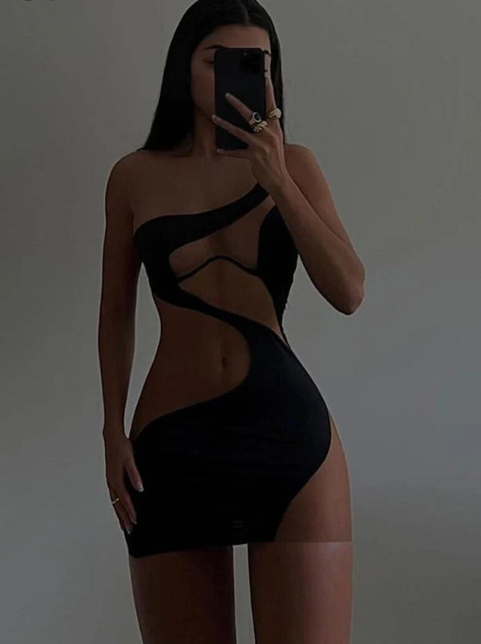Patchwork Mini Dress Women Sexy Mesh One Shoulder High Waist Robe Girl Hot Bodycon Party Clubwear Female Midnight Skirt - Deanwangkt