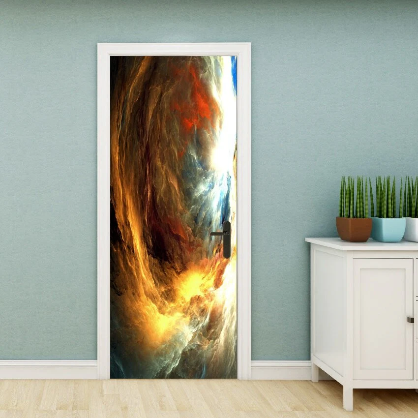 HULIANFU PVC Material Self-adhesive Door Stickers Art Colorful Light Tie-dye Blooming Abstract Home Decor Poster Door Decoration Stickers - Deanwangkt