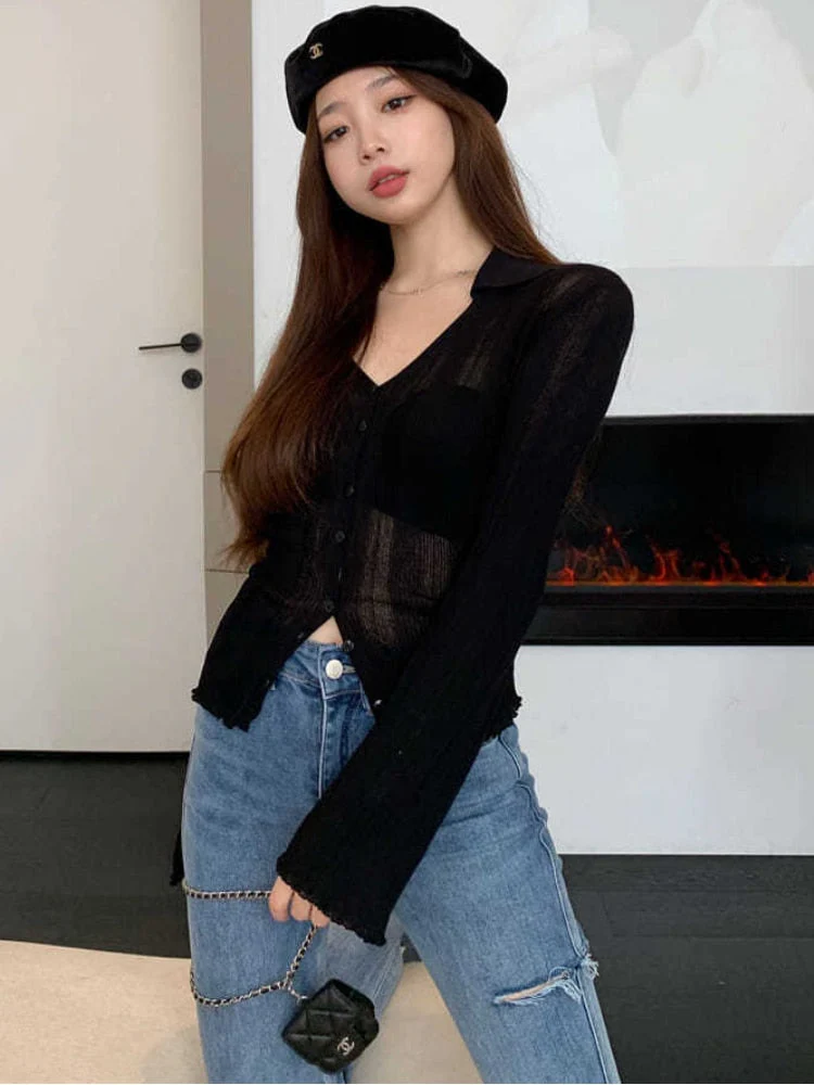 Hulianfu Knitting T-shirt Women Slim Sexy Long Sleeve Daily V-neck Casual Korean Style Pure Retro Minimalist Hot Girls Spring See-through - Deanwangkt