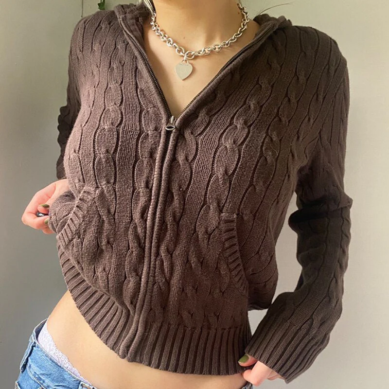 Knitted Sweater Women Hooded Cardigan Cropped Vintage Hoodies Y2K Solid Coat Women Sweater Outwear Long Sleeve Pull Femme - Deanwangkt