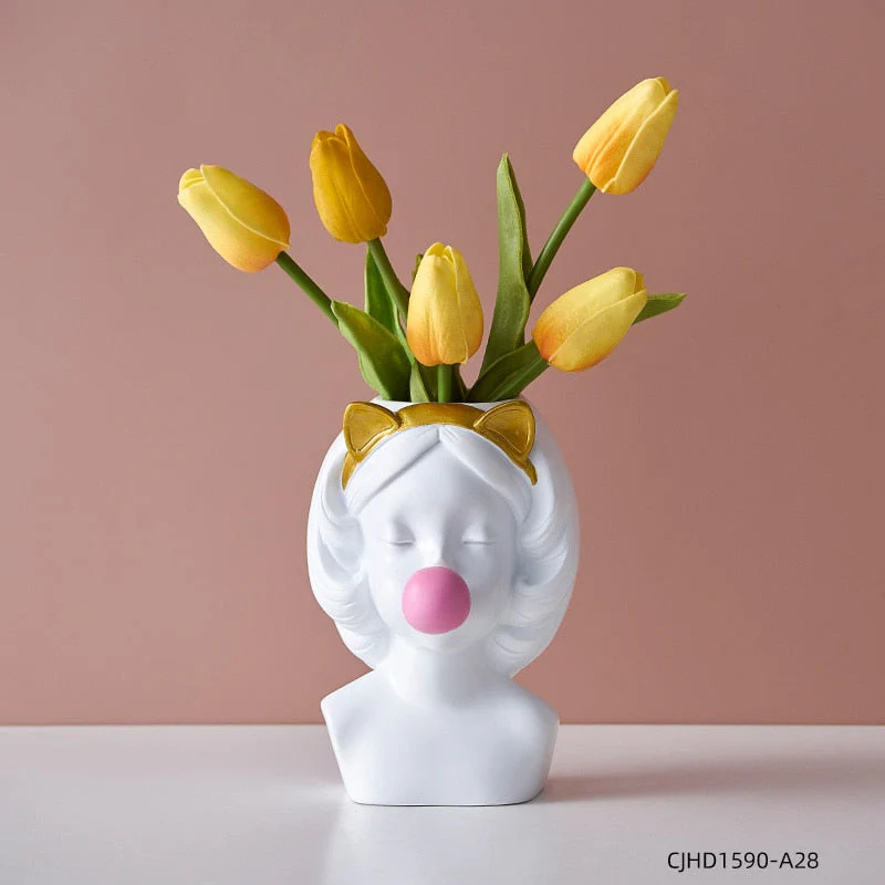 HULIANFU Resin Vase Nordic Modern Home Decoration Cute Girl Blowing Bubbles Decorative Head Carving Flower Vases Pen Holder Vase Flowers - Deanwangkt