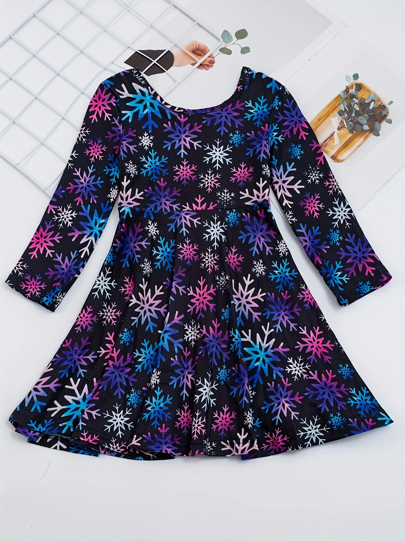 Colorful Snowflake Graphic Long Sleeve Dress Girls Casual Dresses Kids Gift Halloween Christmas - Deanwangkt