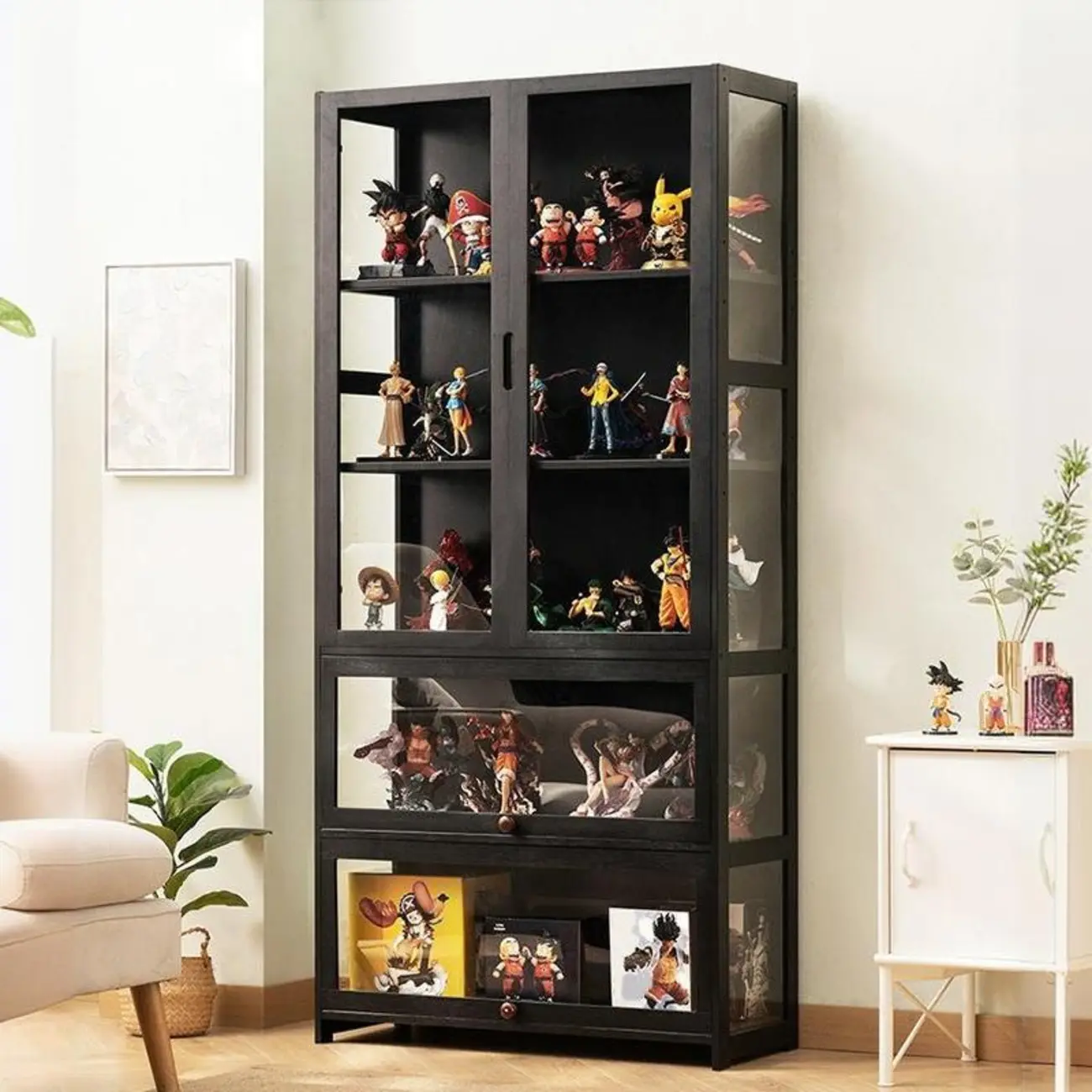 Modern Black Bamboo Adjustable Shelves Glass Display Cabinet