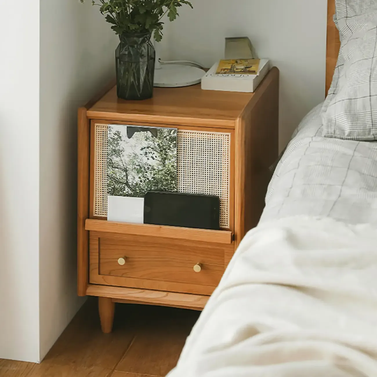 Natural Finish Wood Storage Nightstand with Legs