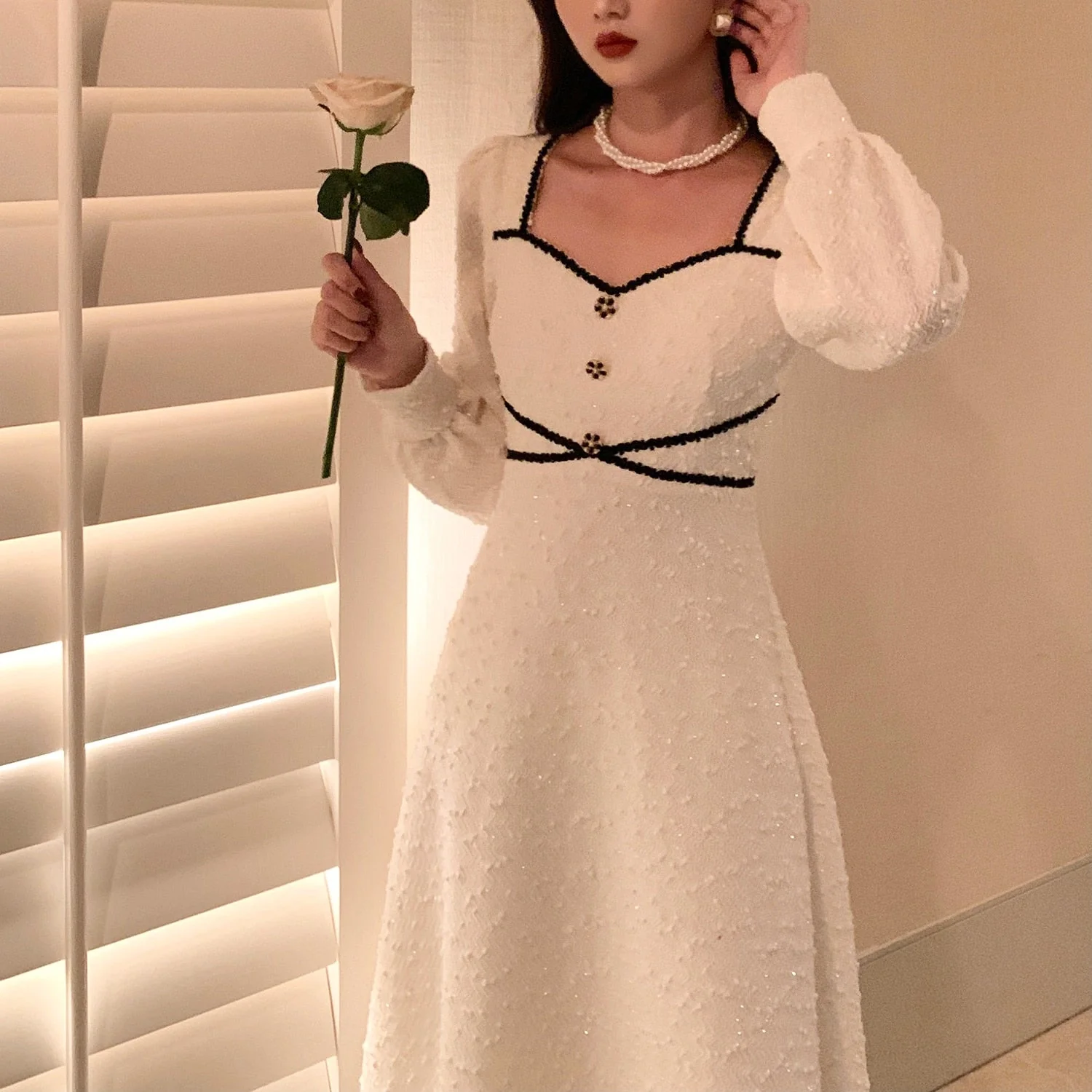 Hulianfu Vintage Button Dresses for Women Fairy Midi Party Dress Evening Office Lady Design One Piece Dress Elegant Korean Spring - Deanwangkt