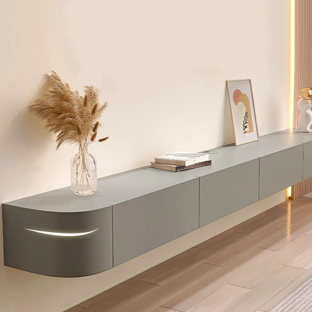 87 Grey Solid Wood Long Floating TV Stand with Drawers