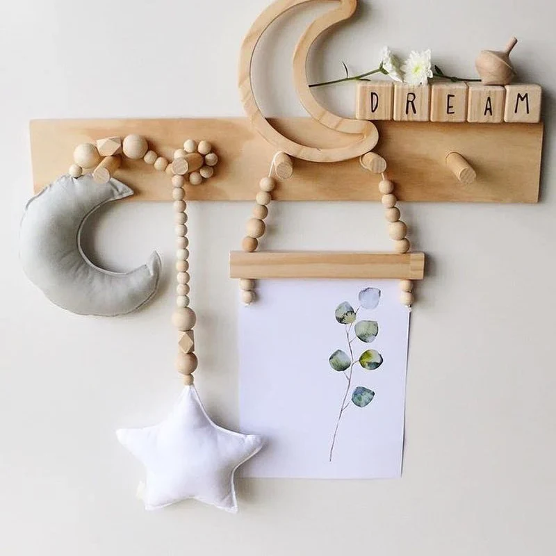 HULIANFU Nordic Boho Room Decor Double Star Moon Wooden Beads Cotton Hanging Wall Decoration Kawaii Kids Baby Bedroom Living Room Decor - Deanwangkt