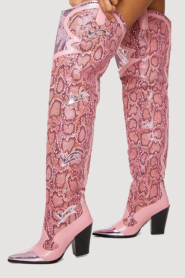 hulianfu Pink Snake Print Patchwork Modern Boots - Deanwangkt