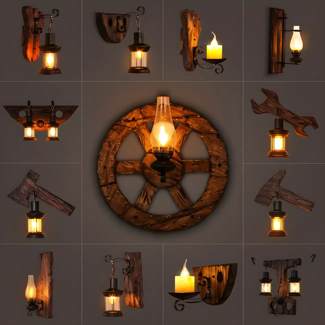 Industrial Distressed Wood Glass Black Wall Lantern Light