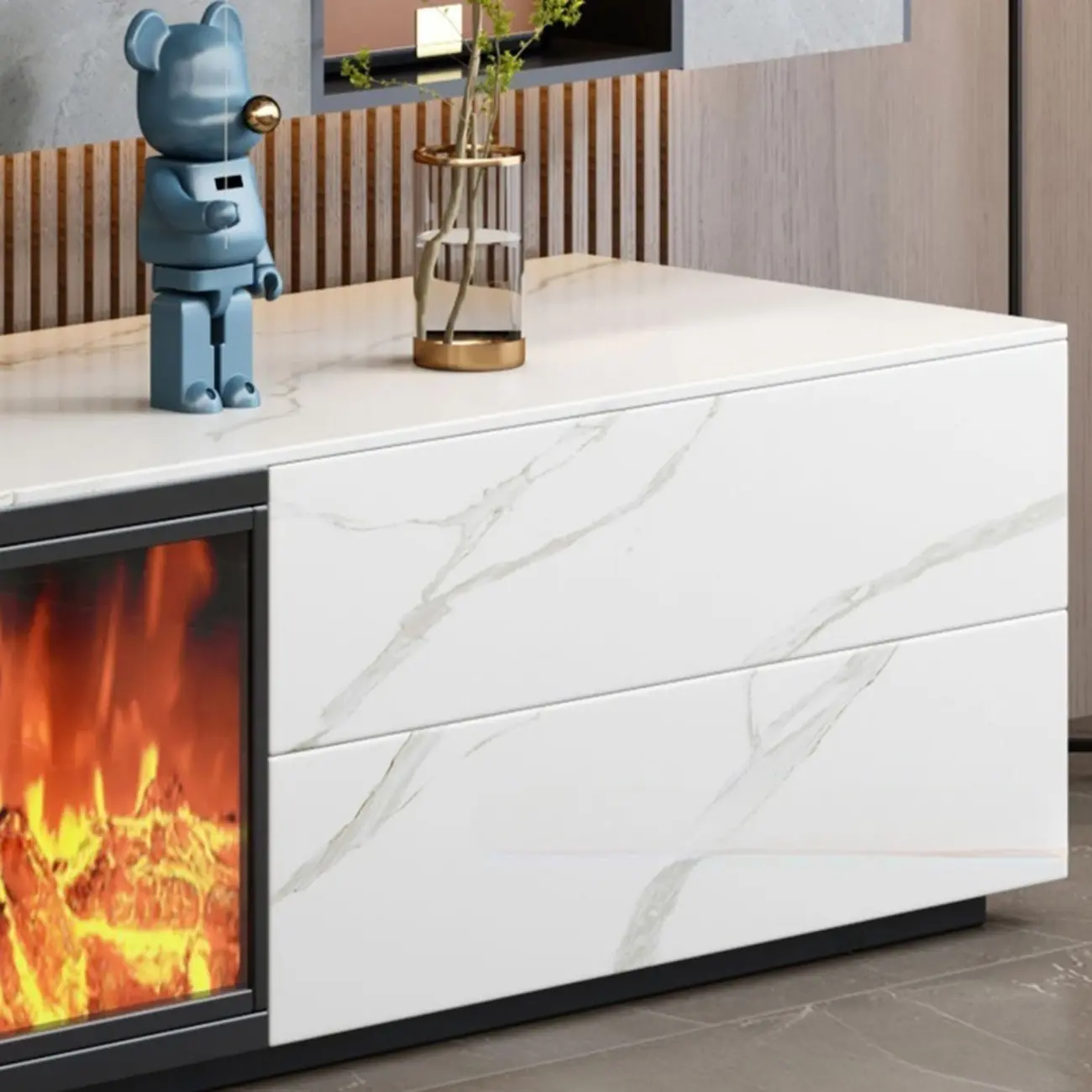 94.5 White Rectangle Stone TV Stand with Fireplace & Light