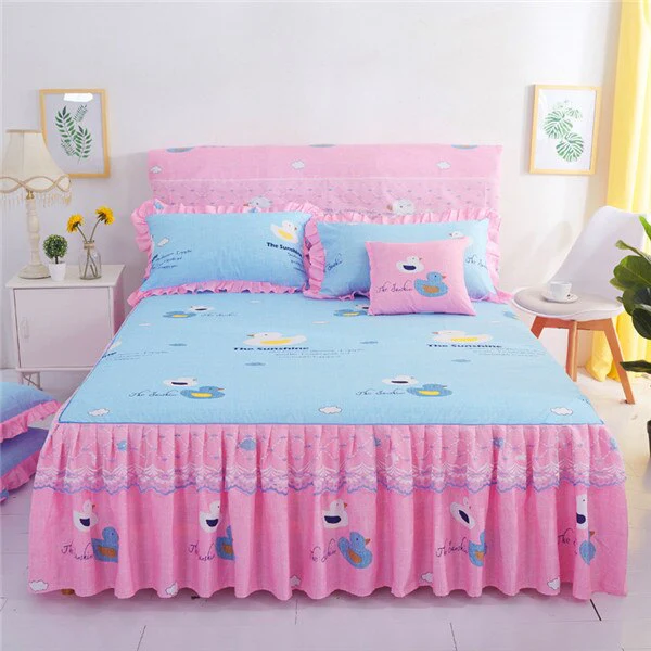 HULIANFU  3pcs set Elegant floral bed skirt skin-friendly cotton lace bedding home decor bedspreads queen pink king size bed cover - Deanwangkt