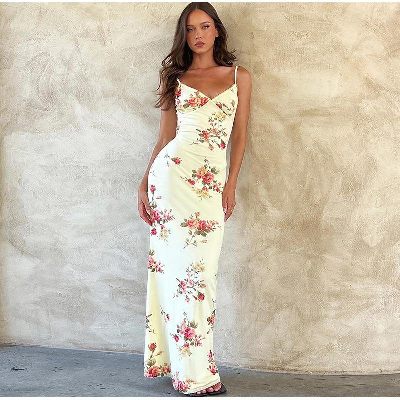 Hulianfu Fashion Flower Print Spaghetti Strap Dress Women Elegant V Neck Backless Midi Dresses 2026  Summer New Sweet Ladies Vestidos - Deanwangkt