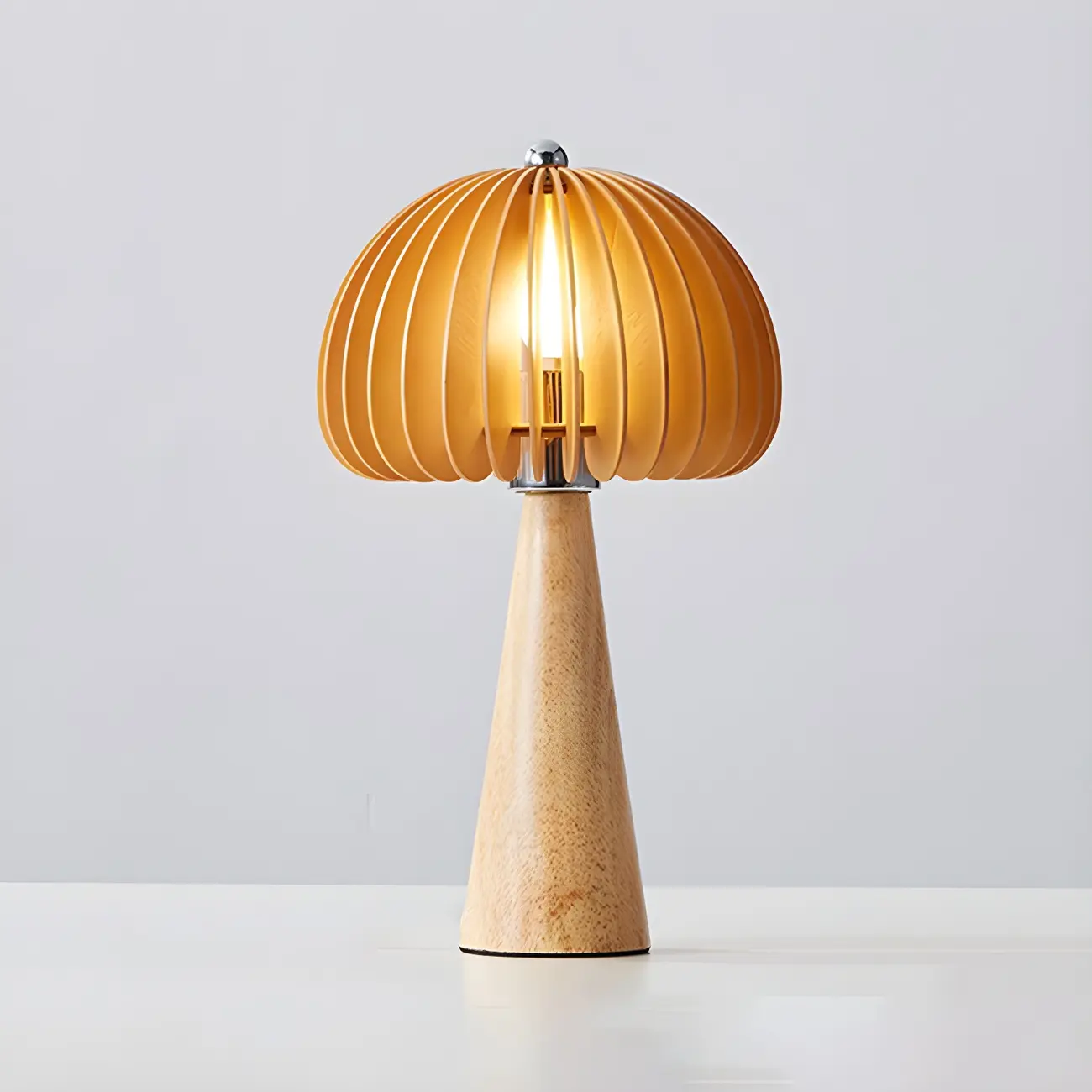 Art Deco Yellow Wooden Mushroom-Shaped LED Table Lamp
