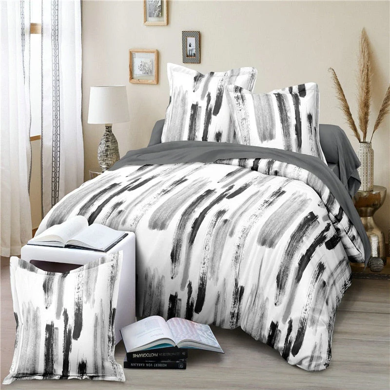 HULIANFU Simple Black and White Bedding Set King Size Plain Leaves Duvet Cover Set Queen Double Full Soft Home Comforter Cover Pillowcase - Deanwangkt