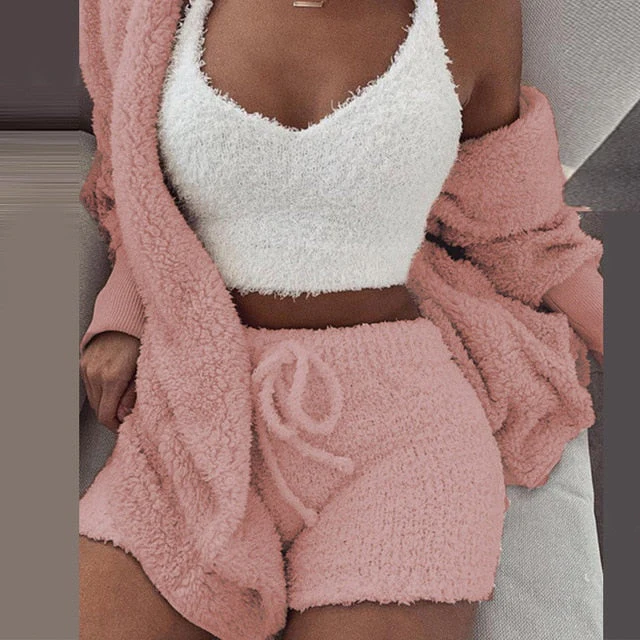 Three Piece Sexy Fluffy Outfits Plush Velvet Hooded Cardigan Coat+Shorts+Crop Top Women Tracksuit Sets Casual Sports Sweatshirt - Deanwangkt
